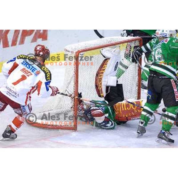 Alex Westerlund receives a goal at the first game of EBEL , ZM Olimpija : KAC 
