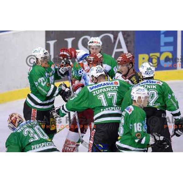 a fight breaks out at the first game of EBEL , ZM Olimpija : KAC 