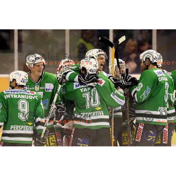ZM Olimpija players celebrate victory at match ZM Olimpija- Vienna Capitals in 4th round of EBEL league played in Ljubljana, Slovenia on 30.9.2007. ZM Olimpija won after penalty shot-out 4:3. Photo by Ales Fevzer 