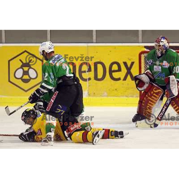Mitchell sacks Rodman at match ZM Olimpija- Vienna Capitals in 4th round of EBEL league played in Ljubljana, Slovenia on 30.9.2007. ZM Olimpija won after penalty shot-out 4:3. Photo by Ales Fevzer 