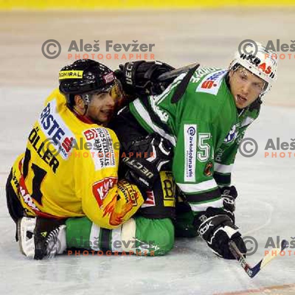 Holler (11) and Corupe at match ZM Olimpija- Vienna Capitals in 4th round of EBEL league played in Ljubljana, Slovenia on 30.9.2007. ZM Olimpija won after penalty shot-out 4:3. Photo by Ales Fevzer 