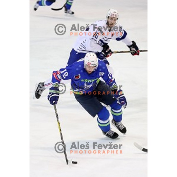 Ziga Pance of Slovenia in action during EIHC Challenge ice-hockey match between Slovenia and France in Bled Ice Hall, Slovenia on November 4, 2016