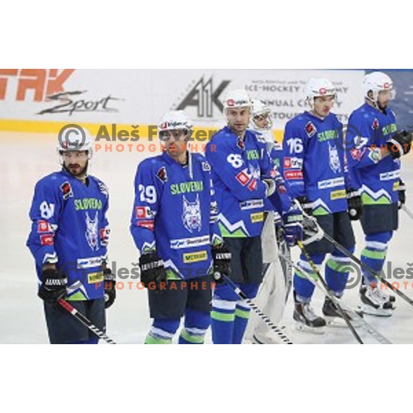 Ziga pesut, Anze Ropret, Sabahudin Kovacevic of Slovenia in action during EIHC Challenge ice-hockey match between Slovenia and France in Bled Ice Hall, Slovenia on November 4, 2016
