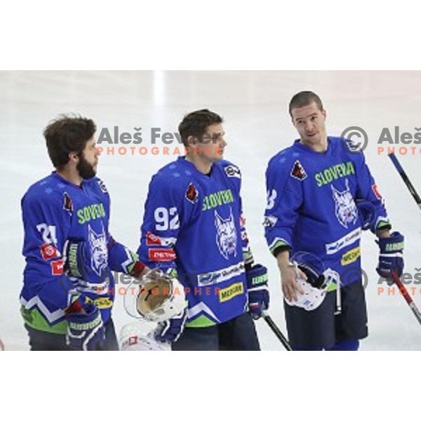 Rok Ticar, Anze Kuralt and Ken Ograjensek of Slovenia in action during EIHC Challenge ice-hockey match between Slovenia and France in Bled Ice Hall, Slovenia on November 4, 2016