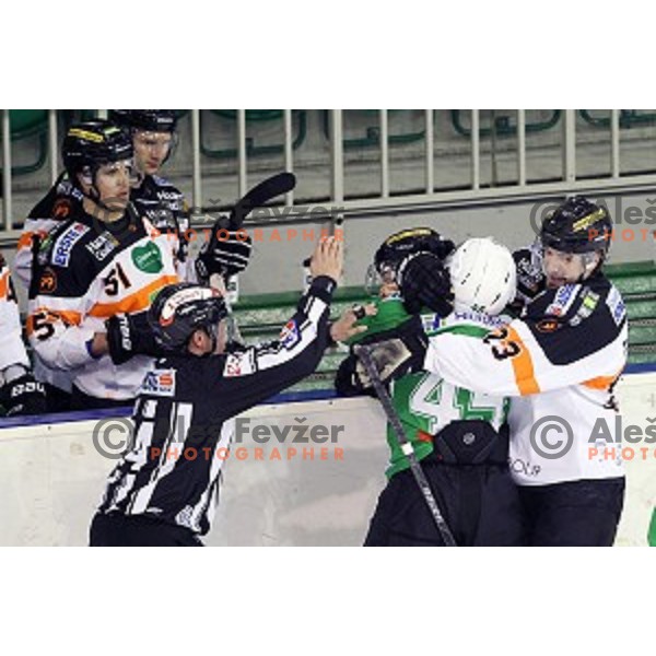 Ken Ograjensek of Graz and Maks Selan of Olimpija Ljubljana fights during ice-hockey match between Olimpija Ljubljana and Graz Moser Medical 99ers in EBEL league 2016/2017 in Tivoli Hall, Ljubljana, Slovenia on January 29, 2017