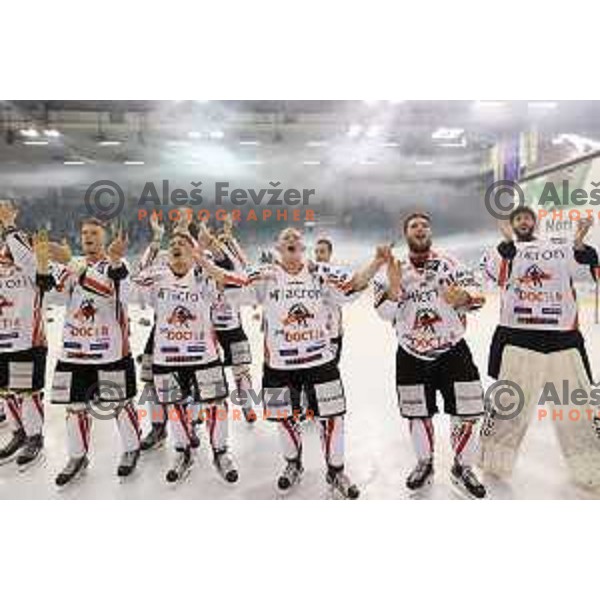 Players of SIJ Acroni Jesenice celebrate victory in third match of the Final of Slovenian League between Olimpija and SIJ Acroni Jesenice in Tivoli Hall, Ljubljana on April 12, 2017 and National League Title for 2016/2017 season