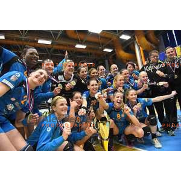 Players of Krim Mercator celebrate victory in Slovenian Cup after winning handball match between Celje and Krim Mercator in Golovec Hall, Celje on April 23, 2017