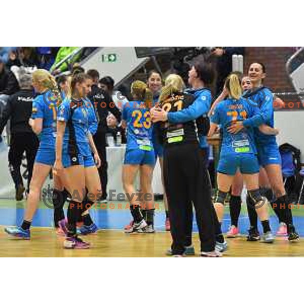 Players of Krim Mercator celebrate victory in Slovenian Cup after winning handball match between Celje and Krim Mercator in Golovec Hall, Celje on April 23, 2017