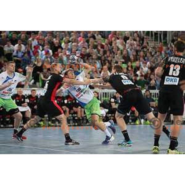 Jure Dolenec in action during Euro 2018 Qualifyers handball match between Slovenia and Germany in SRC Stozice, Ljubljana, Slovenia on May 3,2017