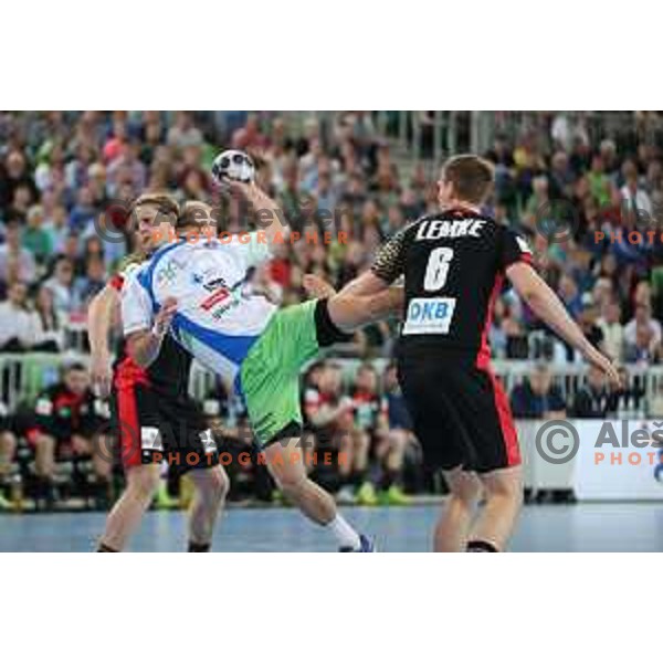 Jure Dolenec in action during Euro 2018 Qualifyers handball match between Slovenia and Germany in SRC Stozice, Ljubljana, Slovenia on May 3,2017