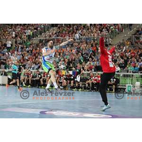 Blaz Janc in action during Euro 2018 Qualifyers handball match between Slovenia and Germany in SRC Stozice, Ljubljana, Slovenia on May 3,2017