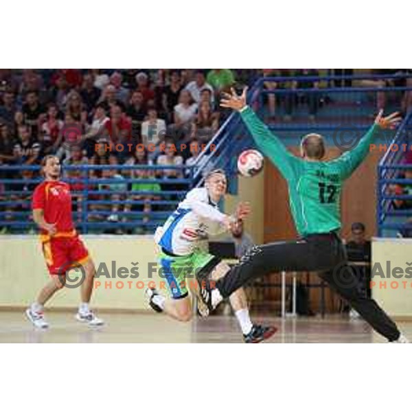 Tilen Kodrin in action during friendly handball match between Slovenia and Montenegro in Skofja Loka, Slovenia on June 8, 2017