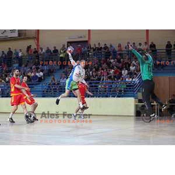 Tilen Kodrin in action during friendly handball match between Slovenia and Montenegro in Skofja Loka, Slovenia on June 8, 2017