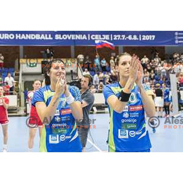 Uzmah Maja (77) and Alja Koren (20) celebrating after Women’s World Cup qualification handball match between Slovenia and Croatia in Golovec Hall, Celje on June 15th, 2017