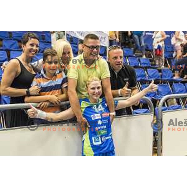 Tamara Mavsar (14) celebrating with family after Women’s World Cup qualification handball match between Slovenia and Croatia in Golovec Hall, Celje on June 15th, 2017