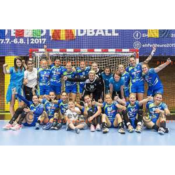 Team Slovenia celebrating after Women’s World Cup qualification handball match between Slovenia and Croatia in Golovec Hall, Celje on June 15th, 2017