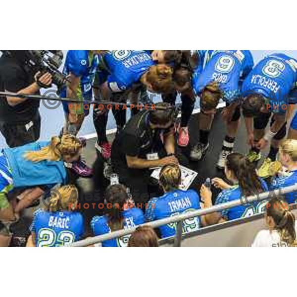 Team Slovenia timeout during Women’s World Cup qualification handball match between Slovenia and Croatia in Golovec Hall, Celje on June 15th, 2017