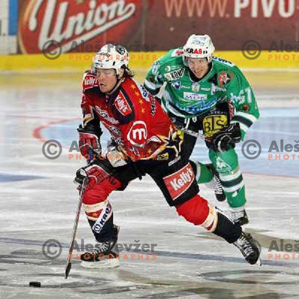 Matthiasson and Corupe (51) at ice-hockey match ZM Olimpija-Acroni Jesenice in 22nd round of Ebel league,played in LJUBLJANA (Slovenia) 18.11.2007. Photo by Ales Fevzer 