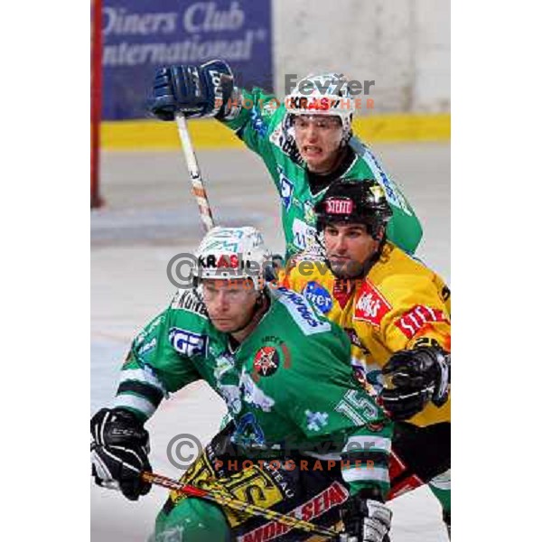 Muric, Petrilainen at ice-hockey match ZM Olimpija-Vienna Capitals in Ebel league, played in Ljubljana, Slovenia 7.12.2007. Photo by Ales Fevzer 