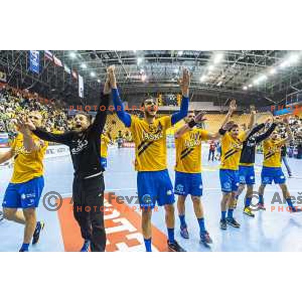 Team Celje celebrating after EHF Champions League match between Celje PL (Slovenia) and PGE Vive Kielce (Poland) in Zlatorog Hall, Celje on September 30th, 2017