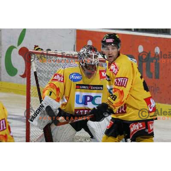 Guard (1) and Bjornlie (28) at ice-hockey match ZM Olimpija-Vienna Capitals in Ebel league, played in Ljubljana, Slovenia 7.12.2007. Photo by Ales Fevzer 