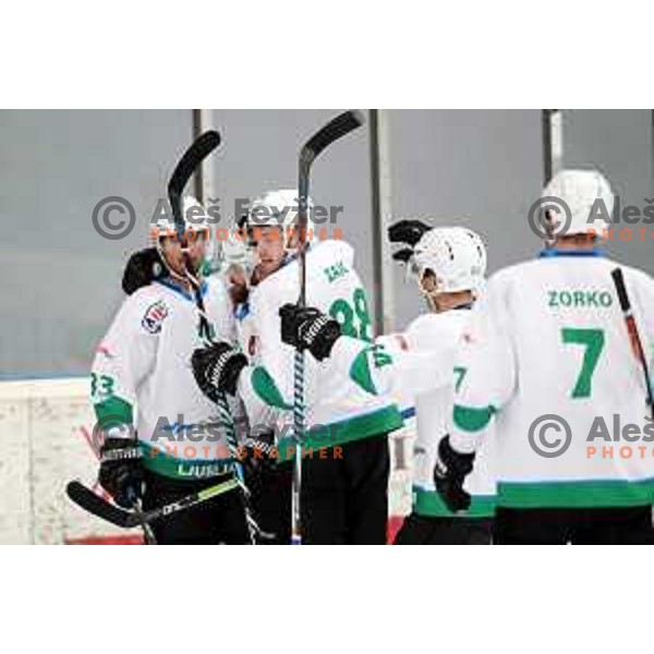 Matic kralj and Miha Zajc in action during Alps League ice-hockey match between SIJ Acroni Jesenice and SZ Olimpija in Podmezakla Hall, Jesenice, Slovenia on October 14, 2017
