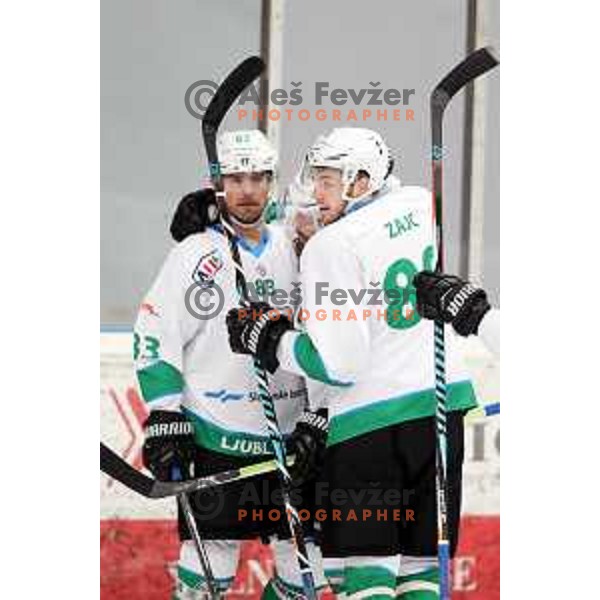 Matic Kralj and Miha Zajc in action during Alps League ice-hockey match between SIJ Acroni Jesenice and SZ Olimpija in Podmezakla Hall, Jesenice, Slovenia on October 14, 2017