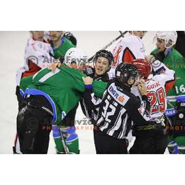 Uros batic of SZ Olimpija and Kristijan Magovac of SIJ Acroni jesenice in action during Alps League ice-hockey match between SZ Olimpija and SIJ Acroni Jesenice in Tivoli Hall, Ljubljana, Slovenia on October 25, 2017