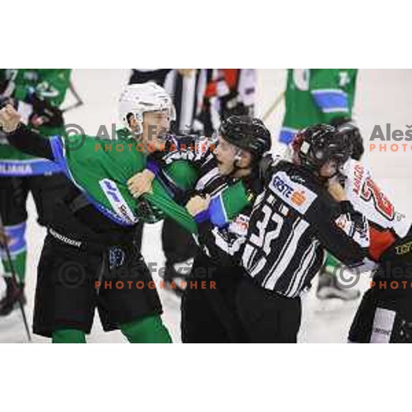 Uros batic of SZ Olimpija and Kristijan Magovac of SIJ Acroni jesenice in action during Alps League ice-hockey match between SZ Olimpija and SIJ Acroni Jesenice in Tivoli Hall, Ljubljana, Slovenia on October 25, 2017
