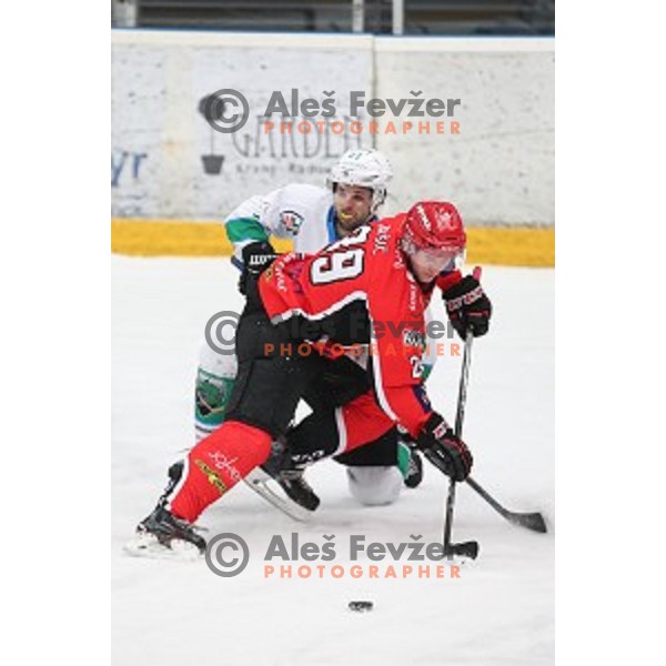 Crt Snoj and Luka Basic in action during Alps League ice-hockey match between SIJ Acroni Jesenice and SZ Olimpija in Podmezakla Hall, Jesenice, Slovenia on December 30, 2017