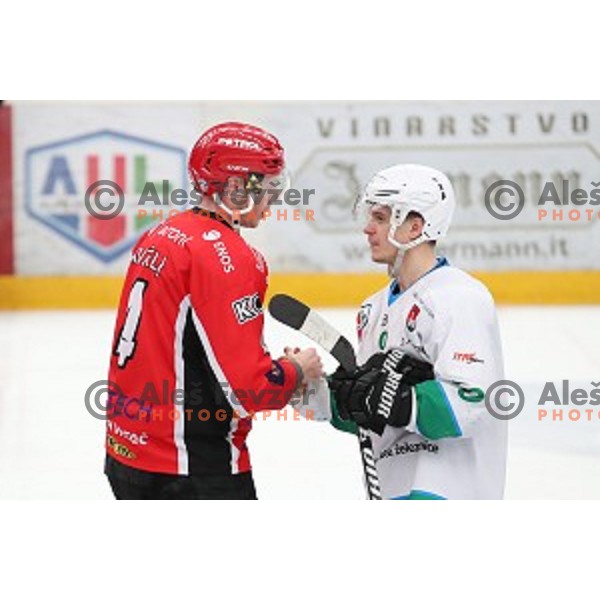 Andrej Tavzelj and Aljaz Uduc during Alps League ice-hockey match between SIJ Acroni Jesenice and SZ Olimpija in Podmezakla Hall, Jesenice, Slovenia on December 30, 2017