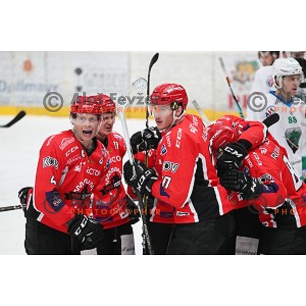 Andrej Tavzelj and Adis Alagic in action during Alps League ice-hockey match between SIJ Acroni Jesenice and SZ Olimpija in Podmezakla Hall, Jesenice, Slovenia on December 30, 2017