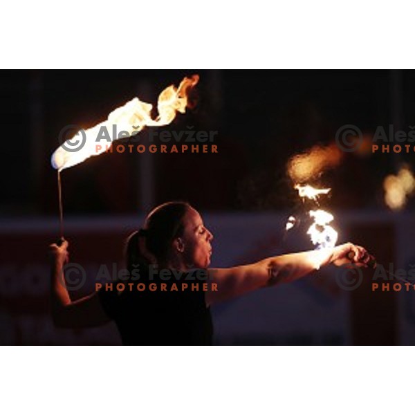 Katja Kobentar performs fire and flame during Alps League ice-hockey match between SIJ Acroni Jesenice and SZ Olimpija in Podmezakla Hall, Jesenice, Slovenia on December 30, 2017