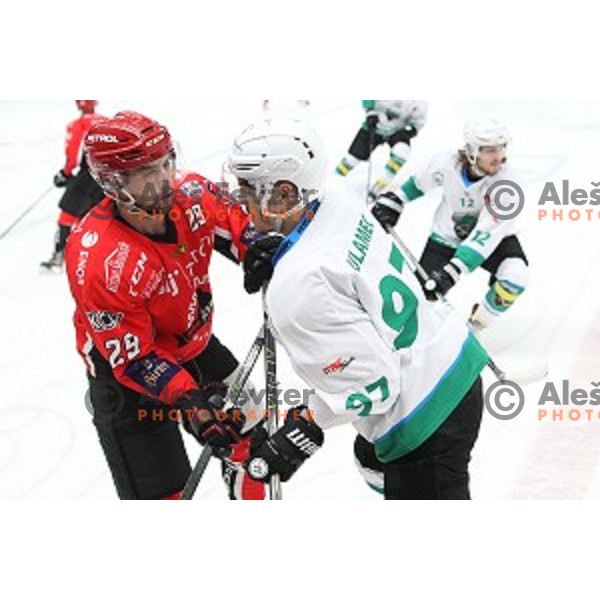 action during Alps League ice-hockey match between SIJ Acroni Jesenice and SZ Olimpija in Podmezakla Hall, Jesenice, Slovenia on January 13, 2018
