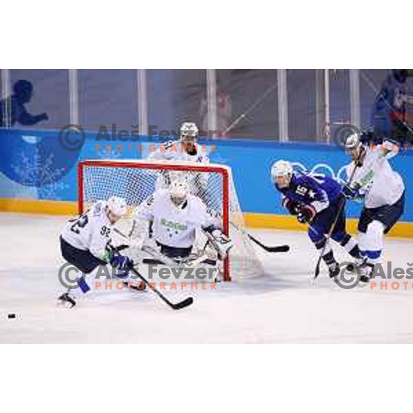 Anze Kuralt, Mitja Robar in action during Olympic Ice-hockey tournament match between USA and Slovenia during PyeongChang 2018 Winter Olympic Games, South Korea on February 14, 2018