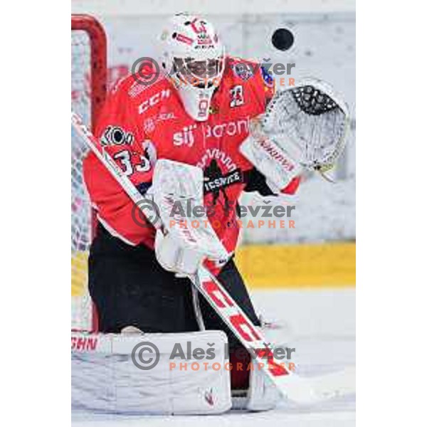Clarke Saunders in action during quarter-final of Alps League ice-hockey match between SIJ Acroni Jesenice and SZ Olimpija in Podmezakla Hall, Jesenice, Slovenia on March 6, 2018
