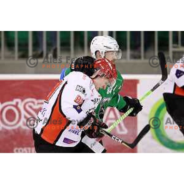 Andrej Hebar and Luka Basic in action during quarter-final of Alps League ice-hockey match between SZ Olimpija and Acroni Jesenice in Tivoli Hall, Ljubljana, Slovenia on March 8, 2018