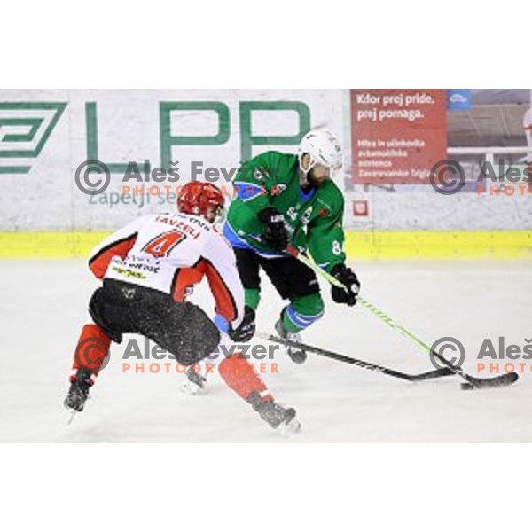 Andrej Hebar of SZ Olimpija in action during quarter-final of Alps League ice-hockey match between SZ Olimpija and Acroni Jesenice in Tivoli Hall, Ljubljana, Slovenia on March 8, 2018