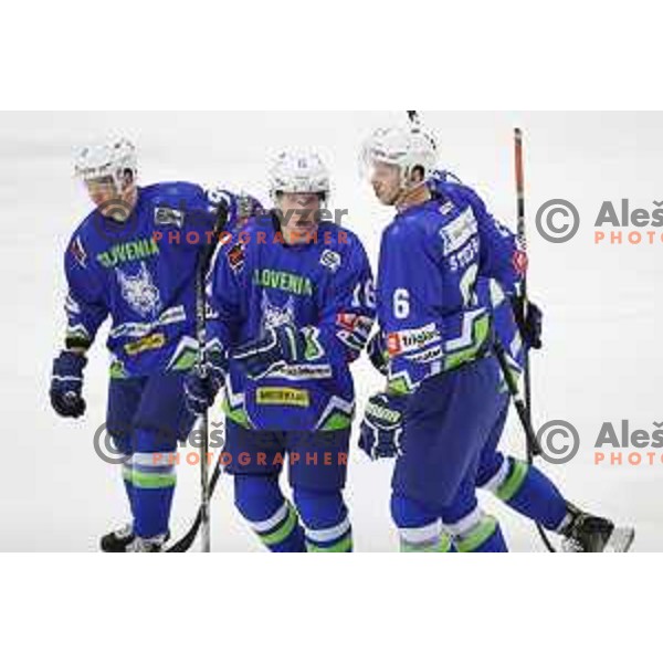 Ales Music scores goal for Slovenia during friendly ice-hockey match between Slovenia and Hungary at Bled ice Hall, Slovenia on April 11, 2018