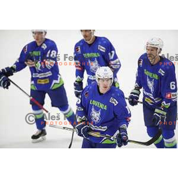 Ales Music scores goal for Slovenia during friendly ice-hockey match between Slovenia and Hungary at Bled ice Hall, Slovenia on April 11, 2018
