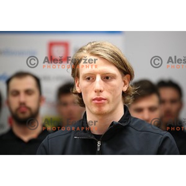 Jan Drozg of Slovenia Ice Hockey team during press conference at Bled before departure to World Championships on April 17, 2018