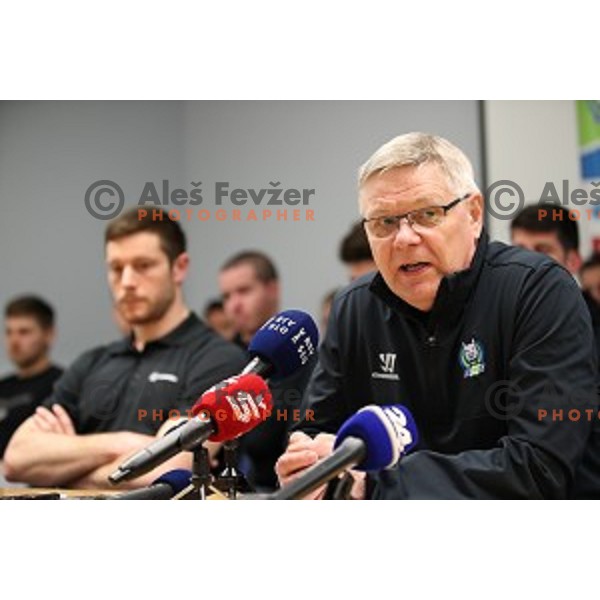 Kari Savolainen, head coach of Slovenia Ice Hockey team during press conference at Bled before departure to World Championships on April 17, 2018
