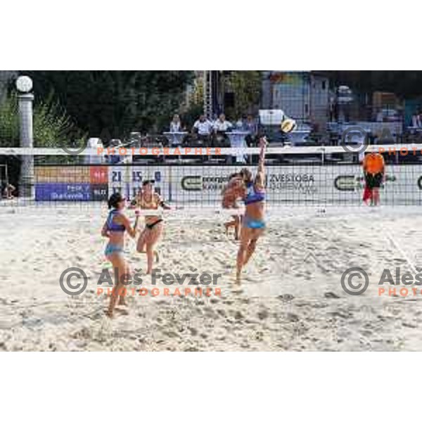 action during semi-final of FIVB Beach Volley Tour Ljubljana match between Jelena Pesic and Ana Skarlovnik (SLO) vs Esmee Bobner and Zoe Verge-Depre (SUI) at Congress Square in Ljubljana, Slovenia on August 5, 2018