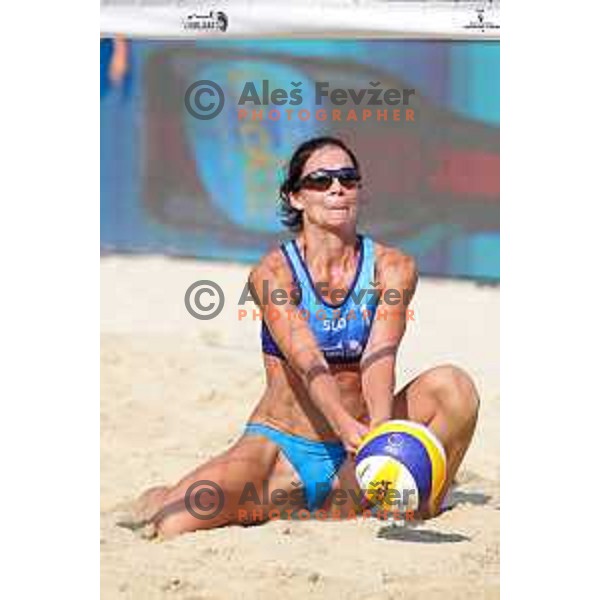 Ana Skarlovnik in action during semi-final of FIVB Beach Volley Tour Ljubljana match between at Congress Square in Ljubljana, Slovenia on August 5, 2018