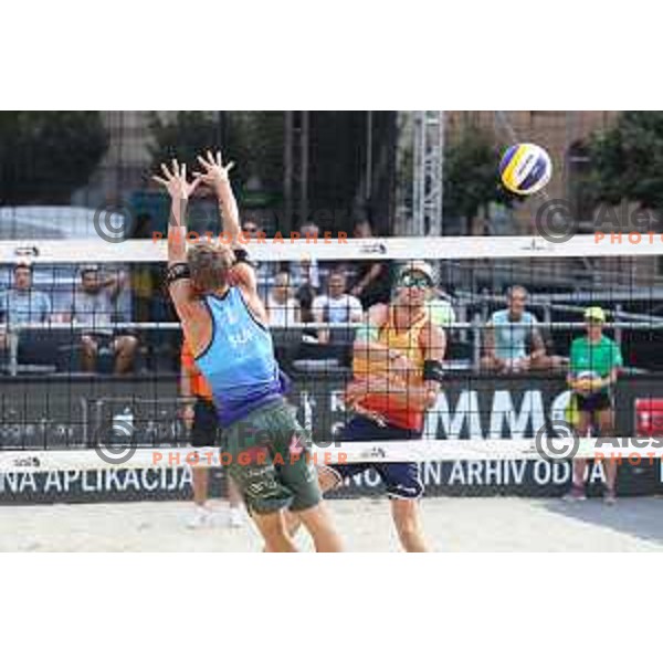 Jan Pokersnik in action during semi-final of FIVB Beach Volley Tour Ljubljana match at Congress Square in Ljubljana, Slovenia on August 5, 2018
