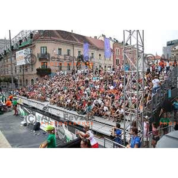 action during semi-final of FIVB Beach Volley Tour Ljubljana match at Congress Square in Ljubljana, Slovenia on August 5, 2018