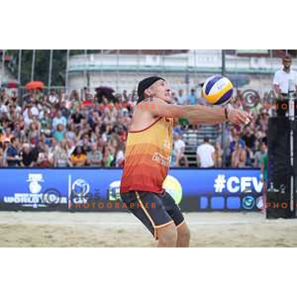 Tadej Bozenk in action during semi-final of FIVB Beach Volley Tour Ljubljana match at Congress Square in Ljubljana, Slovenia on August 5, 2018