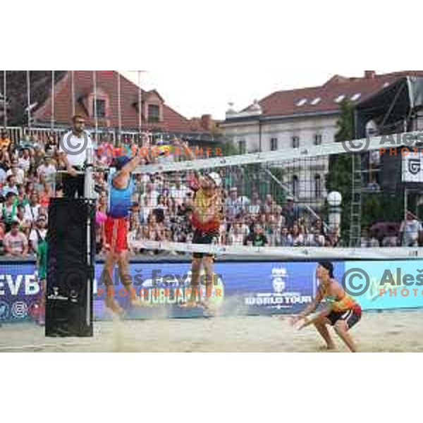 Danijel Pokersnik and Tadej Bozenk in action during Men\'s semi-final of FIVB Beach Volley Tour Ljubljana match at Congress Square in Ljubljana, Slovenia on August 5, 2018