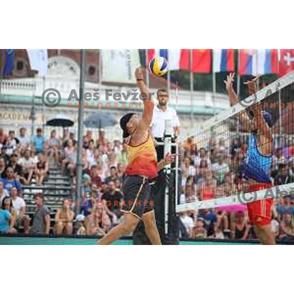 Tadej Bozenk in action during semi-final of FIVB Beach Volley Tour Ljubljana match at Congress Square in Ljubljana, Slovenia on August 5, 2018