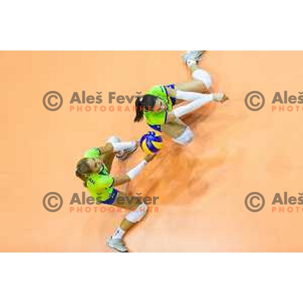 Anita Sobocan and Ana Marija Vovk of team Slovenia in action during 2019 CEV Volleyball European Championship women match between Slovenia and Israel, played in Dvorana Tabor, Maribor, Slovenia on August 15, 2018